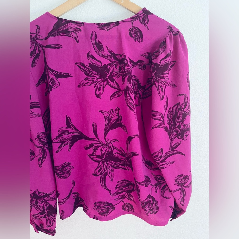 A New Day Purple Floral Puff Long Sleeve Cropped Wrap Top XL - Picture 10 of 11